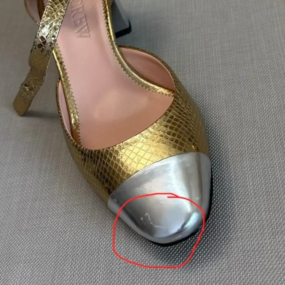 J. Crew Ankle Strap Heels Shoes Snake Embossed Leather Womens 8 Gold Silver